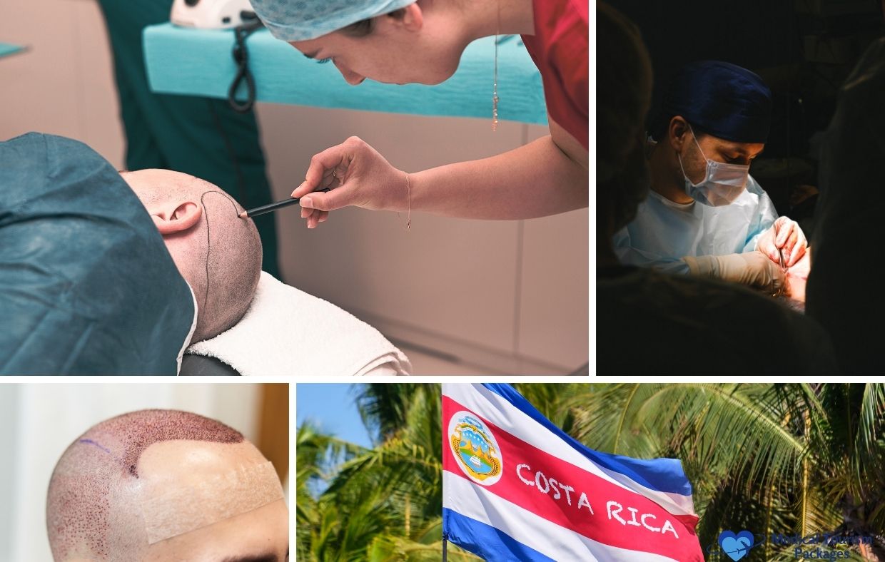 Collage showing affordable hair transplant procedures, medical professionals at work, a patient's scalp post-surgery, and a Costa Rica flag among palm trees.