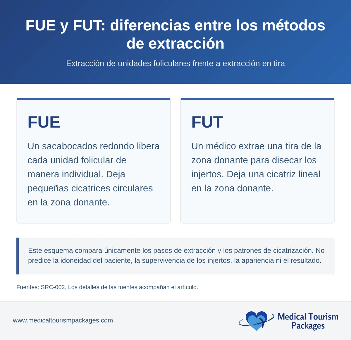 Dos tarjetas de texto comparan la extracción individual con sacabocados de FUE y sus pequeñas cicatrices circulares con la extracción en tira de FUT y una cicatriz lineal.