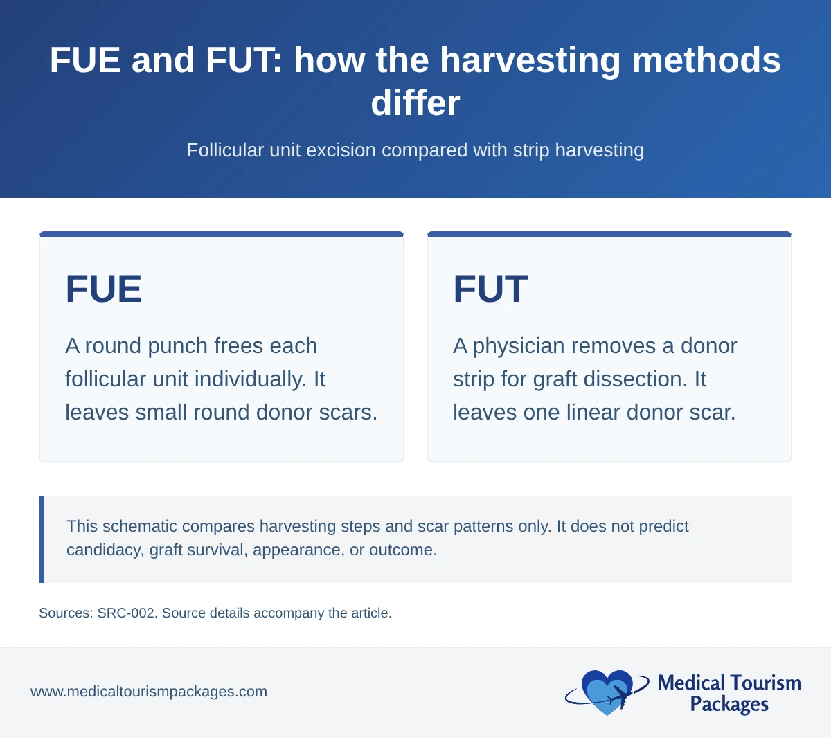 Two text cards compare FUE individual punch excision and small round scars with FUT strip harvesting and one linear donor scar.