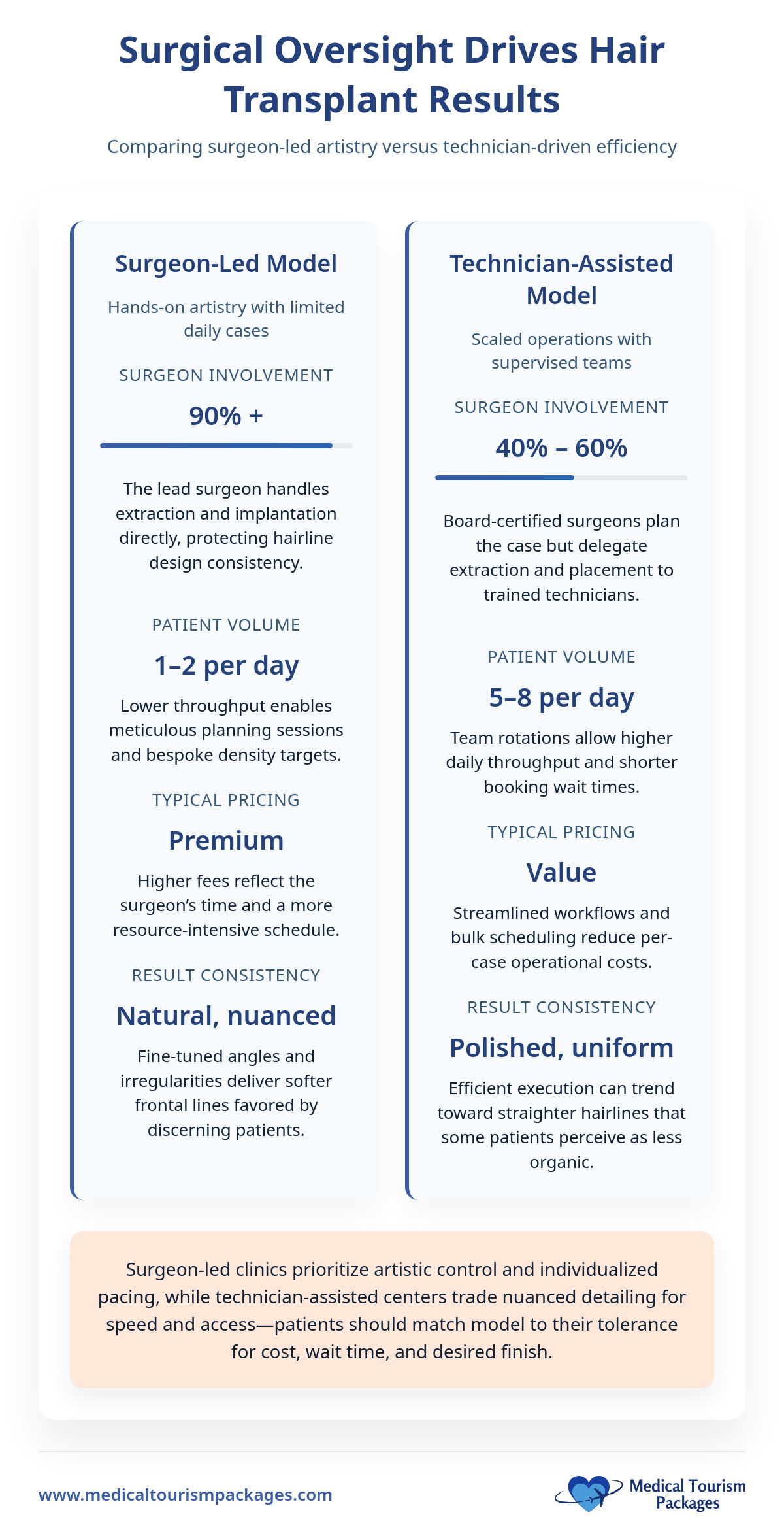 Infographic comparing surgeon-led and technician-assisted hair implant procedures in Mexico, detailing differences in surgeon involvement, patient volume, clinics’ typical pricing, and final results.