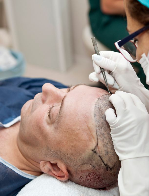 hair transplant A medical professional performs a hair restoration procedure on a man's scalp, using precision tools for hair implants while the patient lies with eyes closed in Bogotá clinic