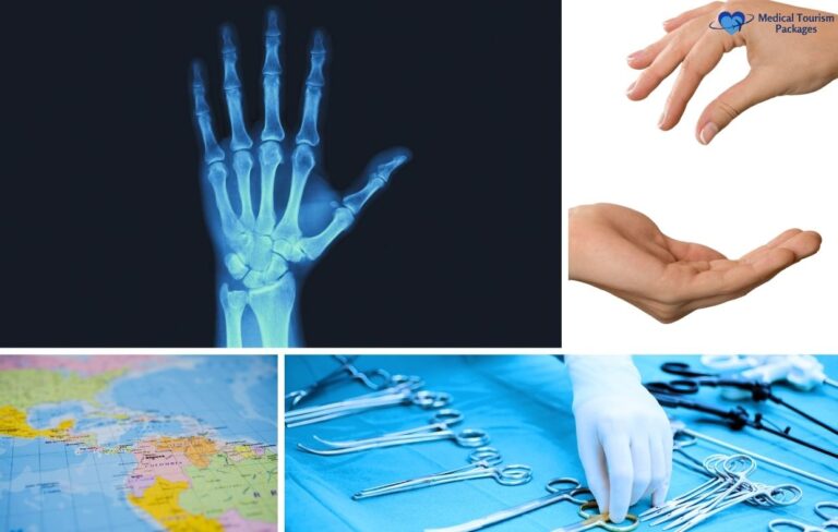 A collage features a hand X-ray, a person’s hands, a Medical Tourism logo, a map of Latin America, and surgical instruments on a blue cloth.