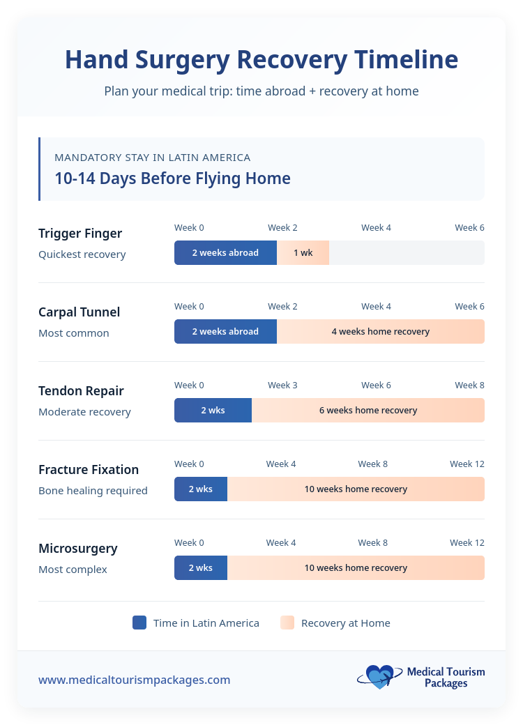 A chart compares hand surgery recovery timelines and costs, showing stay durations in Latin America and weeks of home recovery for five procedures: trigger finger, carpal tunnel, tendon repair, fixation, and microsurgery.