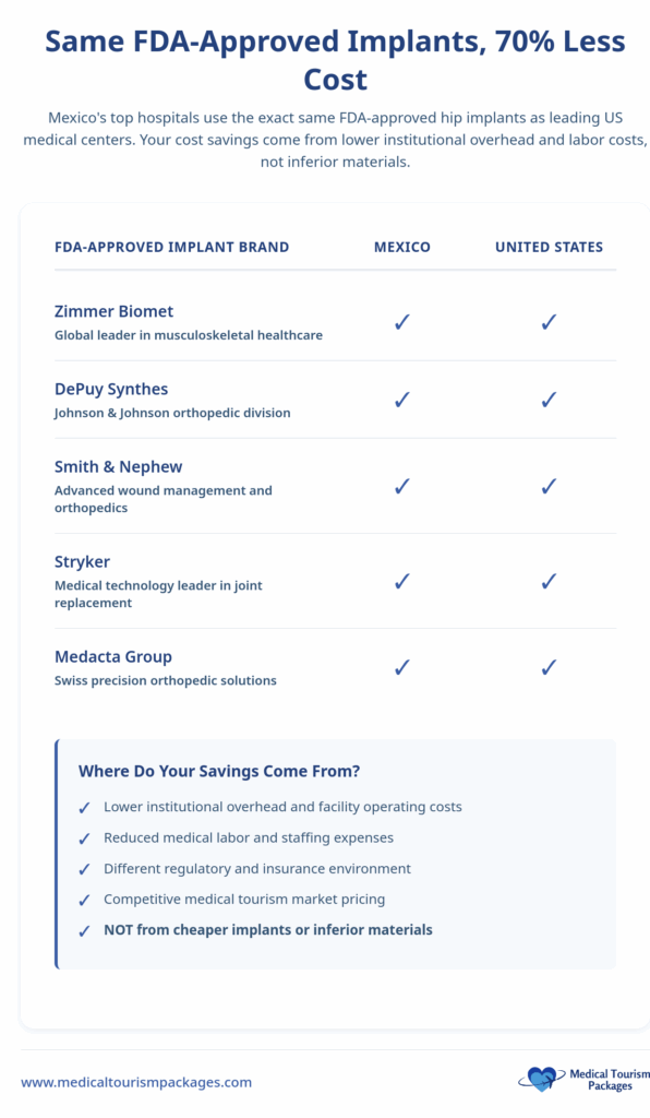 Bar chart compares hip replacement surgery costs: Panama averages $32,316, offering a 72% cost reduction compared to the higher costs in the United States.