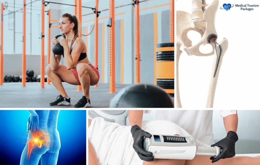 Collage showing a woman exercising with kettlebells, a hip implant illustration, a digital image of hip pain, and a therapist using a medical device on a patient’s hip—highlighting hip replacement surgery Mexico options.