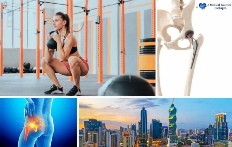 Collage que muestra a una mujer en cuclillas con pesas, un modelo de implante de cadera, una ilustración digital de dolor de cadera, y un horizonte de la ciudad - destacando la cirugía de reemplazo de cadera Panamá y la atención en los mejores hospitales que Panamá tiene para ofrecer.