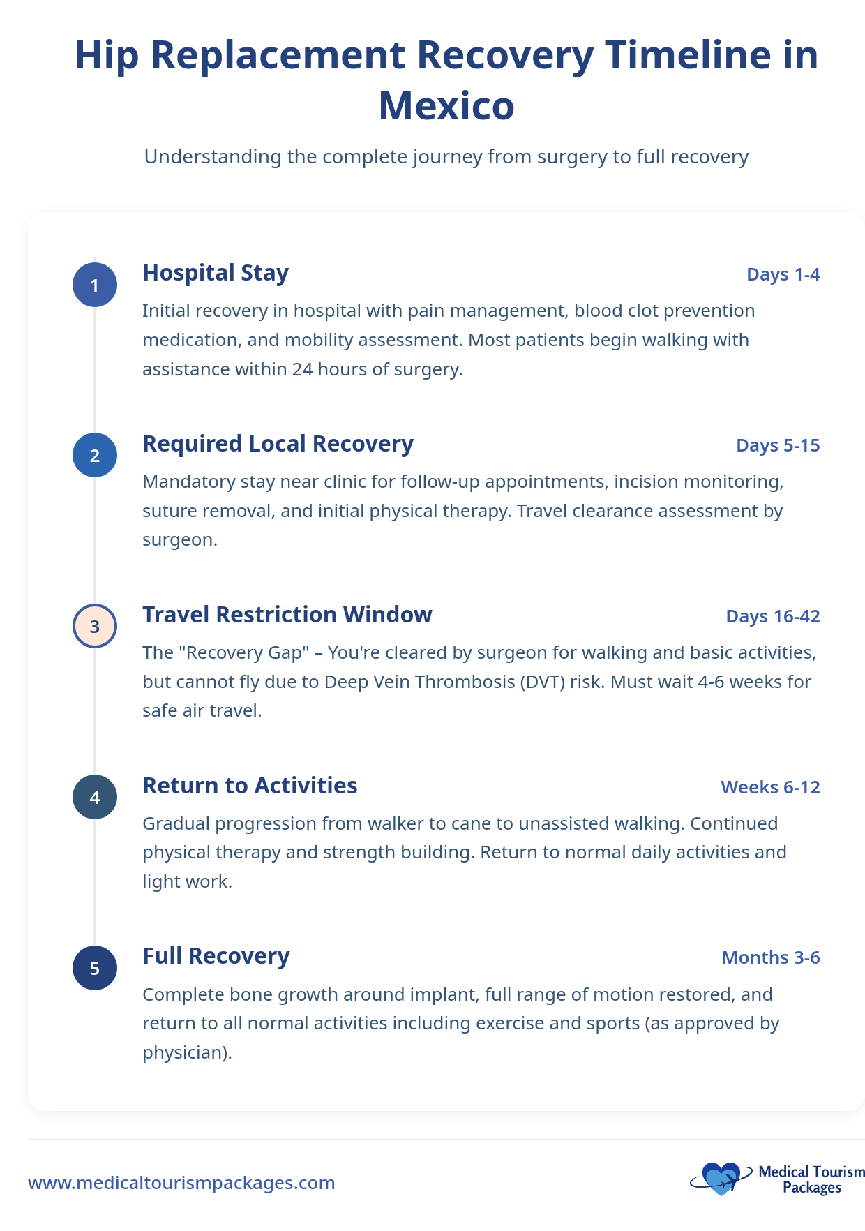 Infographic detailing the stages of hip replacement surgery in Mexico for medical tourists, outlining hospital stay, local recovery, travel window, return to activities, and full recovery with timelines and estimated costs.