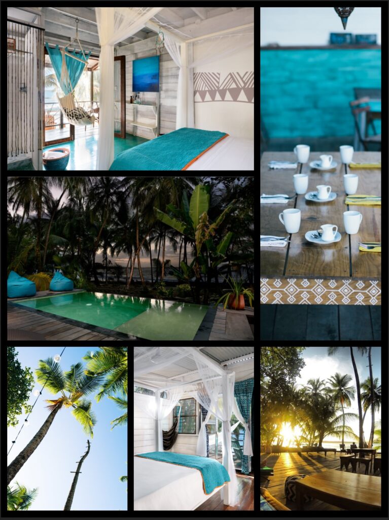Collage que muestra un complejo playero tropical con dormitorio, piscina, comedor al aire libre, palmeras y vistas al océano, todo a plena luz del día con decoración en turquesa y blanco.