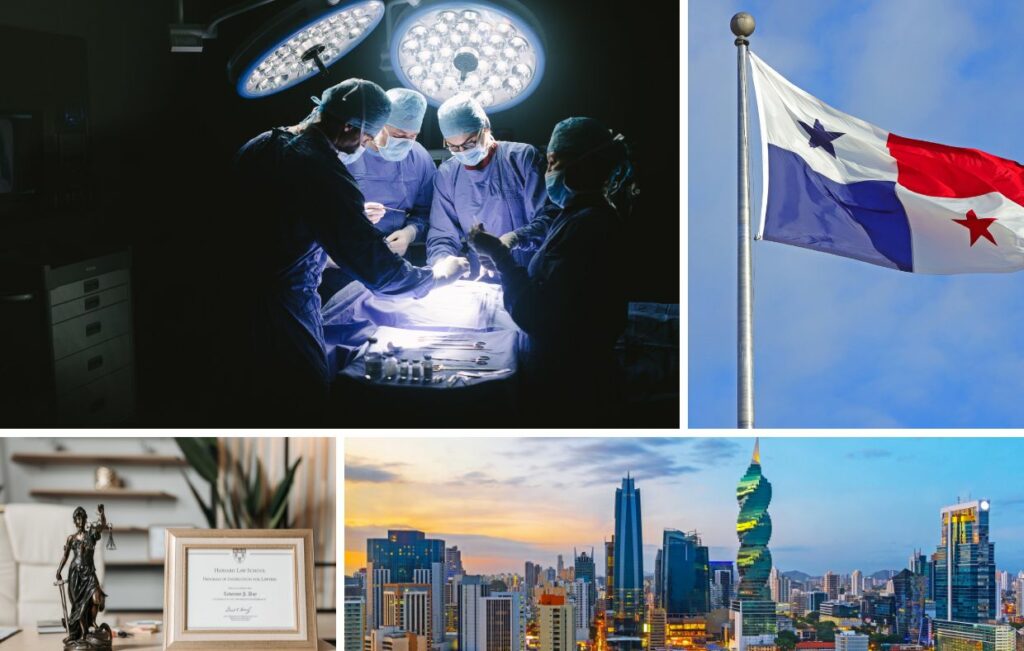 Un collage que muestra a los mejores médicos de Panamá: cirujanos operando, la bandera de Panamá, un certificado legal y un mazo, además de vistas de edificios modernos de Ciudad de Panamá.