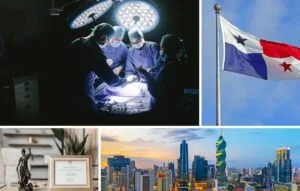 A collage showcasing top doctors Panama: surgeons operating, the Panama flag, a legal certificate and gavel, plus views of modern buildings in Panama City.