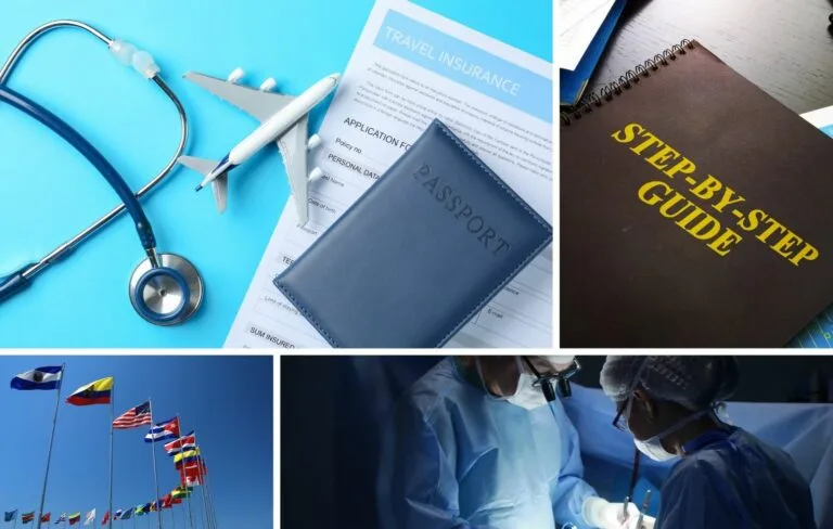 Un collage con un estetoscopio, un avión de juguete, un pasaporte, un formulario de seguro de viaje, una guía, banderas internacionales y dos cirujanos en un quirófano, para ilustrar los elementos esenciales de un viaje médico a Latinoamérica.