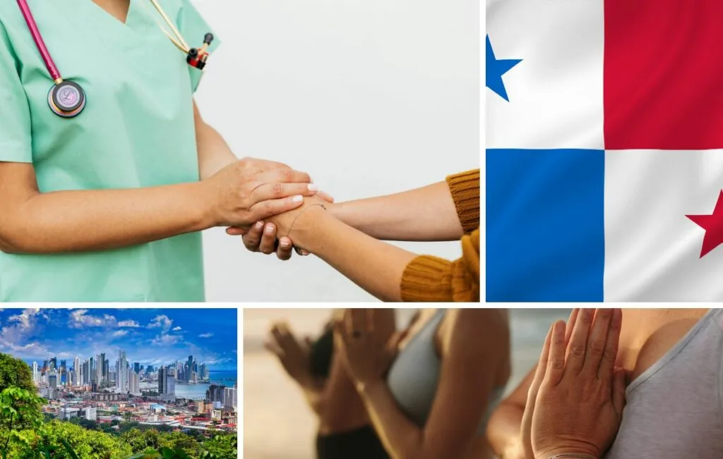 Collage que muestra a un trabajador sanitario cogiendo de la mano a una persona, la bandera de Panamá, el horizonte de la ciudad de Panamá y personas practicando yoga al aire libre, destacando el turismo de bienestar y la seguridad de Panamá.