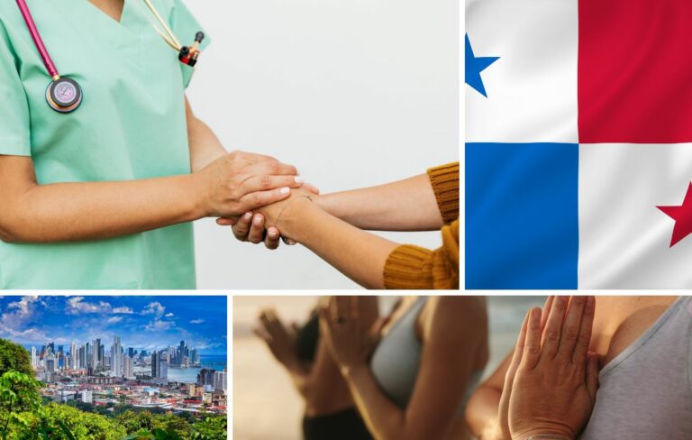 Collage showing a healthcare worker holding a person's hand, the Panama flag, Panama City skyline, and people practicing yoga outdoors, highlighting wellness tourism and Panama safety.