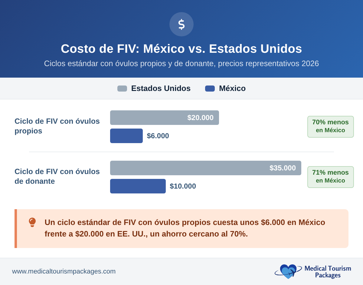 Gráfico de barras agrupadas que compara los costos de la fecundación in vitro en México y Estados Unidos. Ciclo estándar con óvulos propios: alrededor de $6K en México frente a $20K en EE. UU., 70% menos. Ciclo con óvulos de donante: alrededor de $10K frente a $35K, 71% menos.