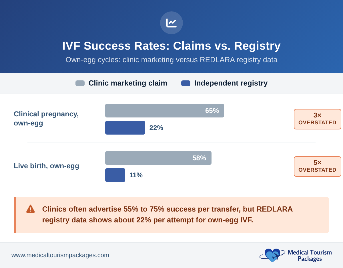 Grouped bar chart of IVF success rates for own-egg cycles in Mexico. Clinic marketing claims 65% clinical pregnancy and 58% live birth, while independent REDLARA registry data shows about 22% and 11% per attempt.