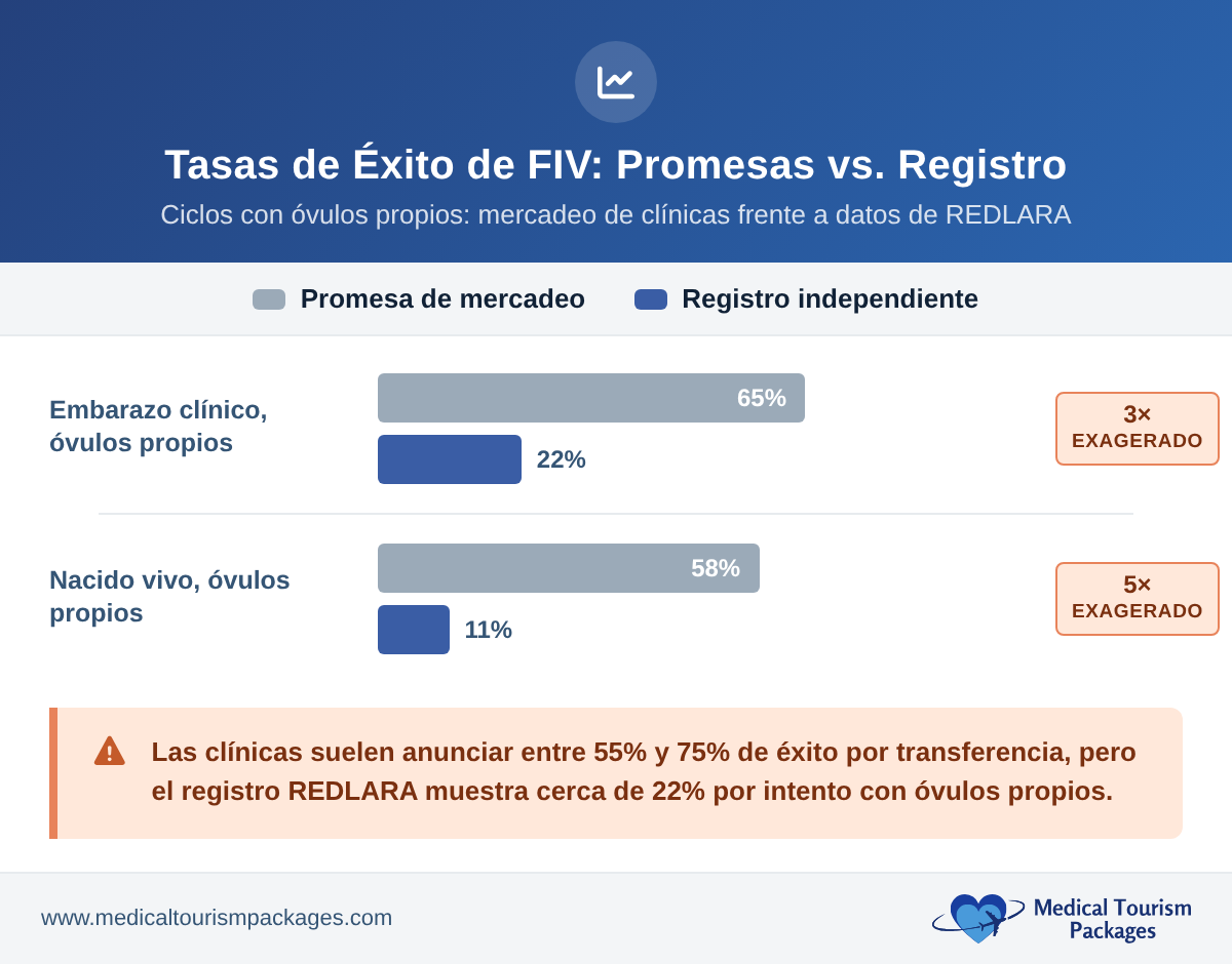 Gráfico de barras agrupadas de las tasas de éxito de la FIV para ciclos con óvulos propios en México. La clínica afirma haber logrado 651 embarazos clínicos y 581 nacimientos vivos por intento, mientras que los datos independientes del registro REDLARA muestran alrededor de 221 embarazos clínicos y 111 nacimientos vivos por intento.