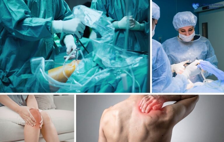 Collage showing surgeons performing operations, a patient holding their knee in pain, and a man touching his upper back, highlighting medical tourism in Colombia and joint revision surgery costs.