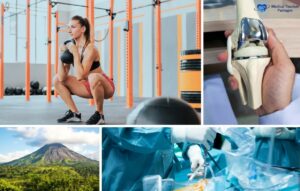 Una mujer levanta una pesa rusa en un gimnasio, una mano sostiene un modelo de implante de rodilla, se despliega el espectacular paisaje volcánico de Costa Rica y los cirujanos realizan una cirugía de reemplazo de rodilla en un quirófano.