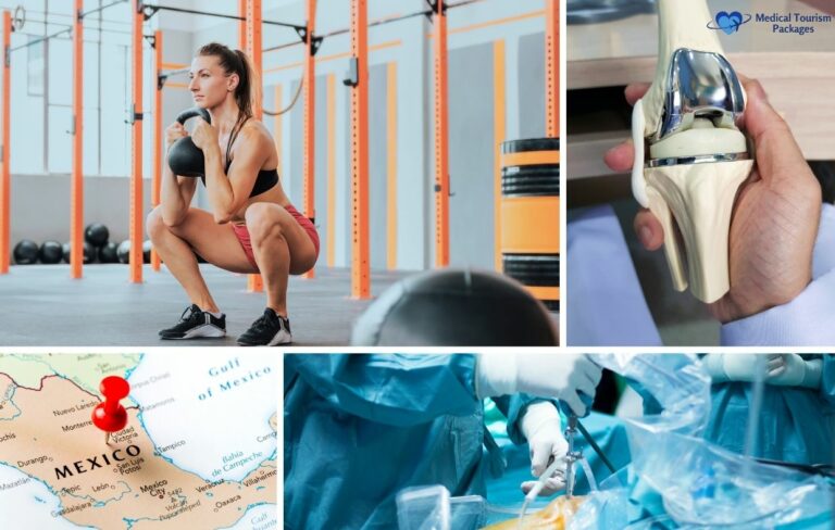 Una mujer levanta pesas en un gimnasio, una mano sostiene un implante de rodilla, un mapa destaca México y unos cirujanos realizan una operación de prótesis de rodilla en una sala estéril, mostrando procedimientos avanzados y costes más bajos.