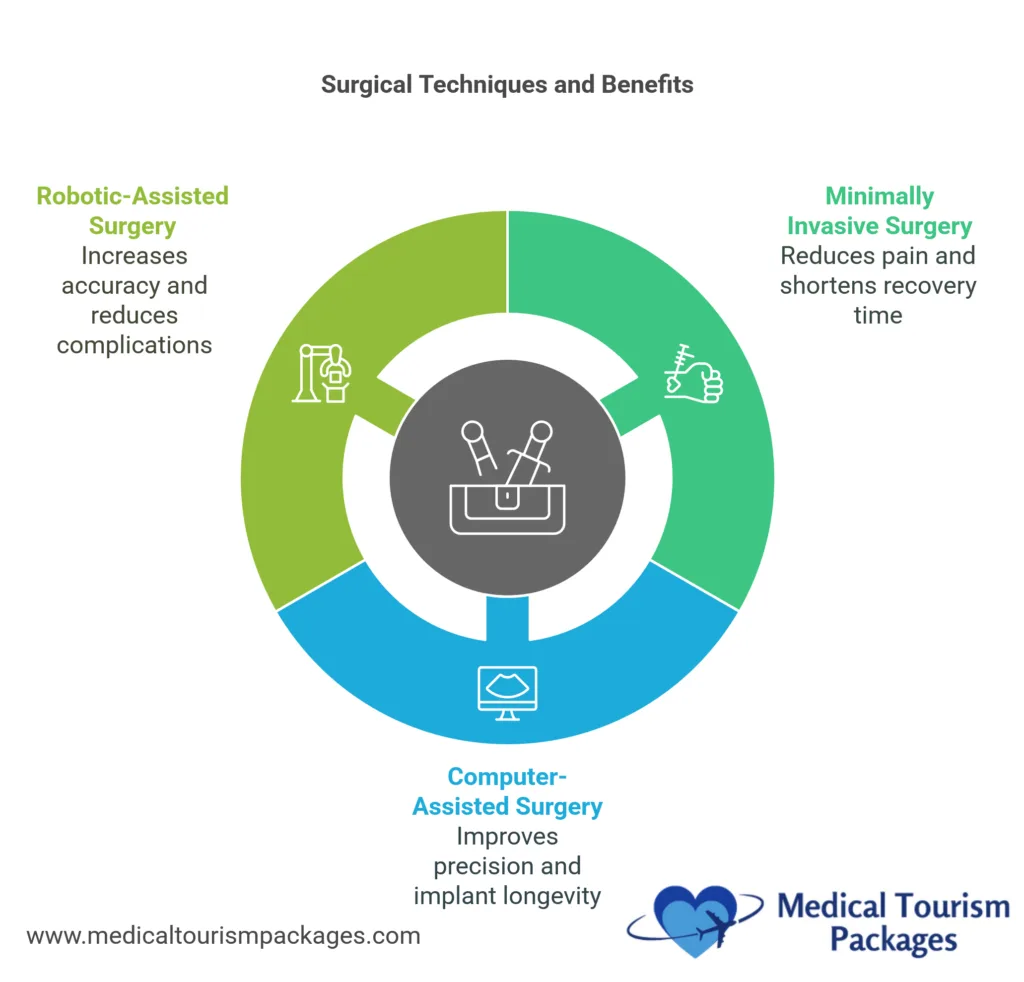 Infografía circular que muestra tres técnicas quirúrgicas de prótesis de rodilla: cirugía robótica en verde lima, cirugía mínimamente invasiva en verde menta y cirugía asistida por ordenador en azul, con icono quirúrgico central y logotipo de la empresa debajo.
