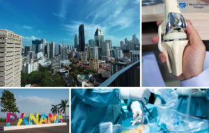 Collage que muestra el horizonte de la ciudad de Panamá, un colorido letrero de Panamá, una mano sosteniendo un modelo de implante de rodilla y cirujanos realizando una cirugía artroscópica de rodilla, lo que destaca por qué los turistas médicos eligen Panamá para someterse a procedimientos avanzados.