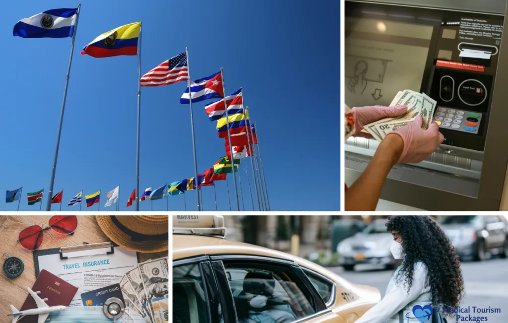 Banderas ondeando en postes, una persona sacando dinero de un cajero automático, documentos de viaje sobre una mesa y una persona entrando en un taxi con una máscara facial: hábitos esenciales para la seguridad en los viajes.