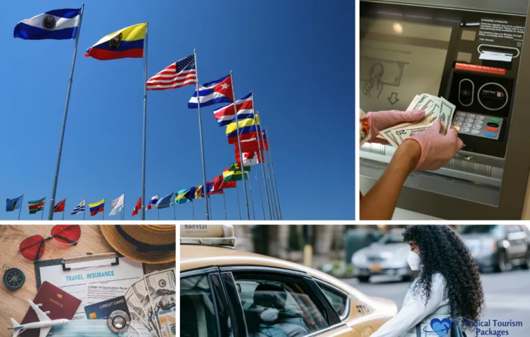 Flags waving on poles, a person withdrawing cash from an ATM, travel documents on a table, and a person entering a taxi with a face mask—essential travel safety habits.