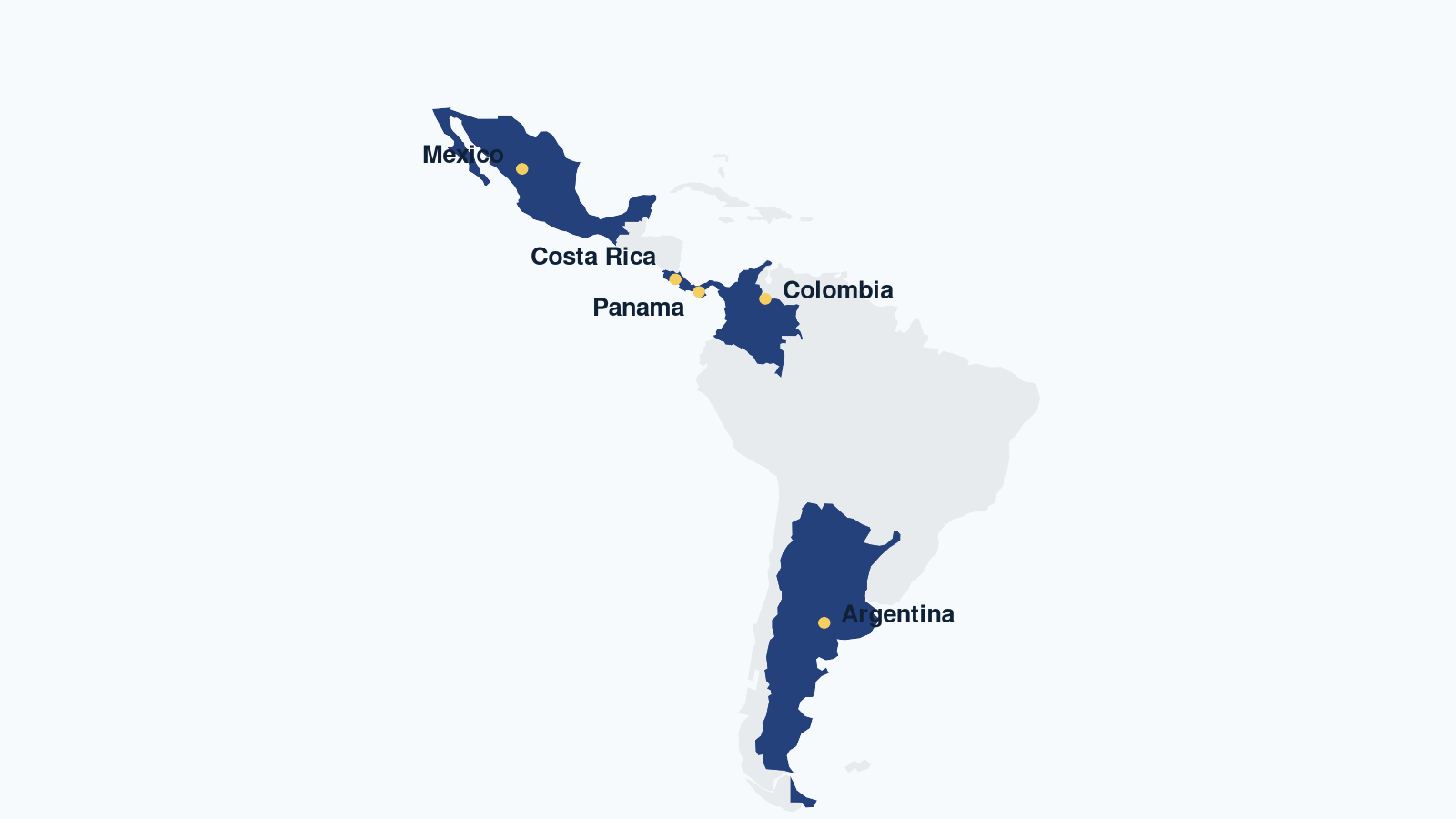 Map of Latin America highlighting Colombia, Panama, Costa Rica, Mexico, and Argentina.
