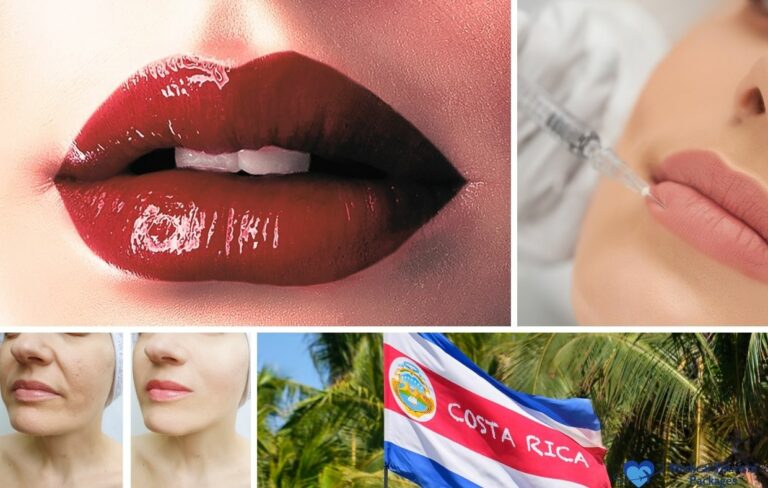Collage showing glossy red lips, a lip injection procedure, before-and-after photos of a woman's lips, and a Costa Rica flag in front of palm trees—perfectly capturing Lip Augmentation Costa Rica and its top clinics.
