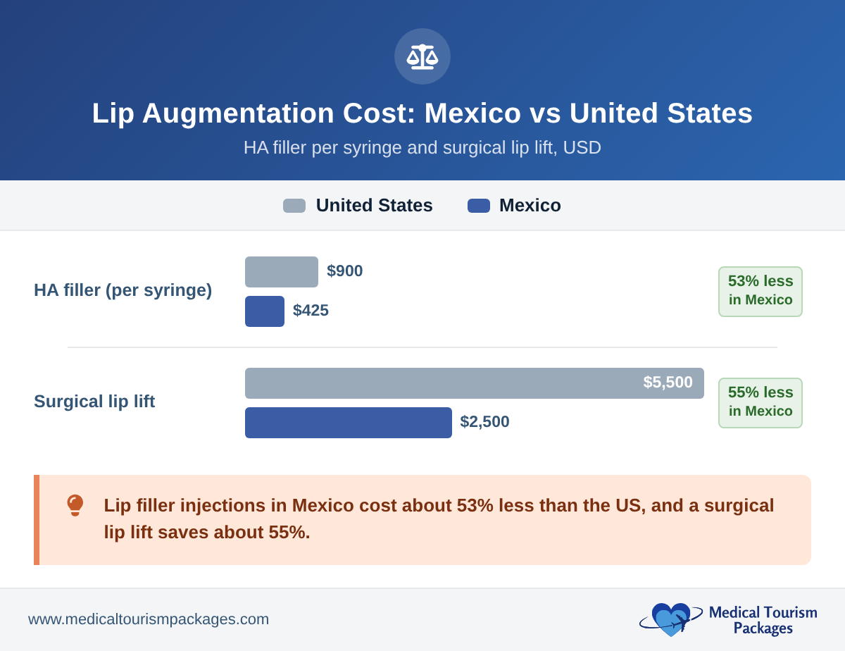 Bar chart comparing lip augmentation costs in Mexico versus the United States: HA filler about $425 versus $900 per syringe, and a surgical lip lift about $2,500 versus $5,500, savings of 53% and 55%.