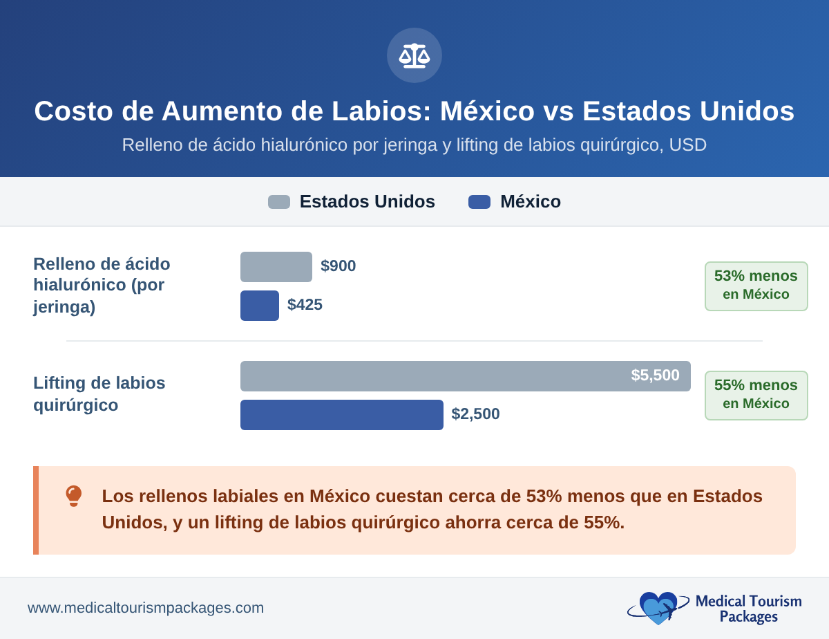 Gráfico de barras que compara los costos del aumento de labios en México frente a los de Estados Unidos: Relleno de ácido hialurónico: aproximadamente $425 frente a $900 por jeringa, y un lifting quirúrgico de labios: aproximadamente $2,500 frente a $5,500, lo que representa un ahorro de 53% y 55%.