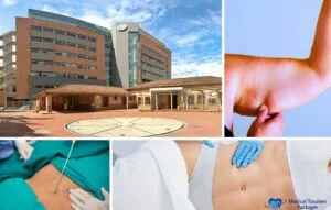 A collage featuring a hospital building, a person pinching arm fat, liposuction surgery markings, and a gloved hand examining a patient’s abdomen highlights body contouring and Liposuction in Colombia.