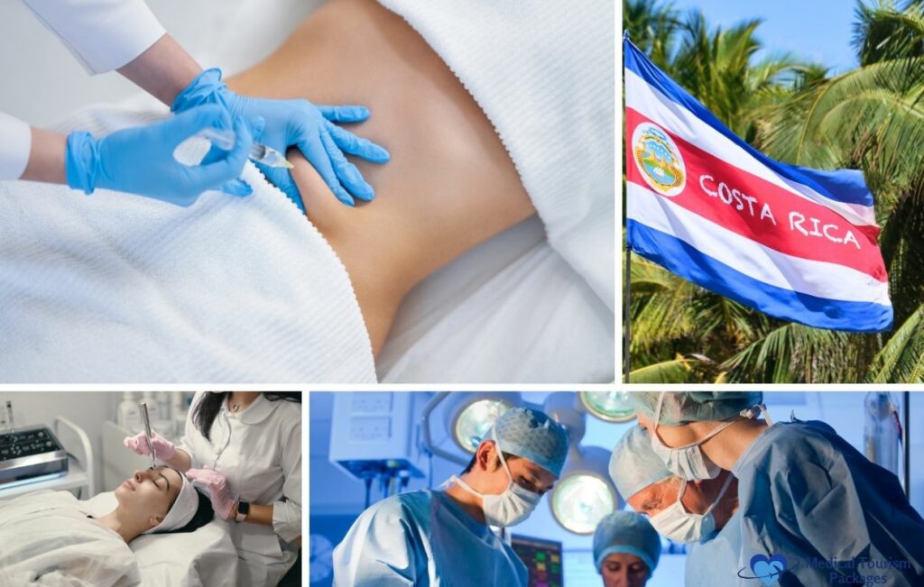 Collage que muestra liposucción en Costa Rica, cirujanos operando, un paciente recibiendo tratamiento facial, y la bandera de Costa Rica con palmeras de fondo.