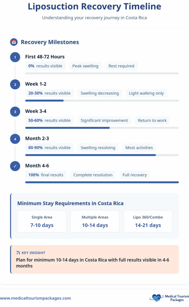 Infographic detailing a liposuction recovery timeline in Costa Rica, highlighting milestones from 48 hours to 6 months, minimum stay requirements for single and multiple areas, and insights into the liposuction cost.