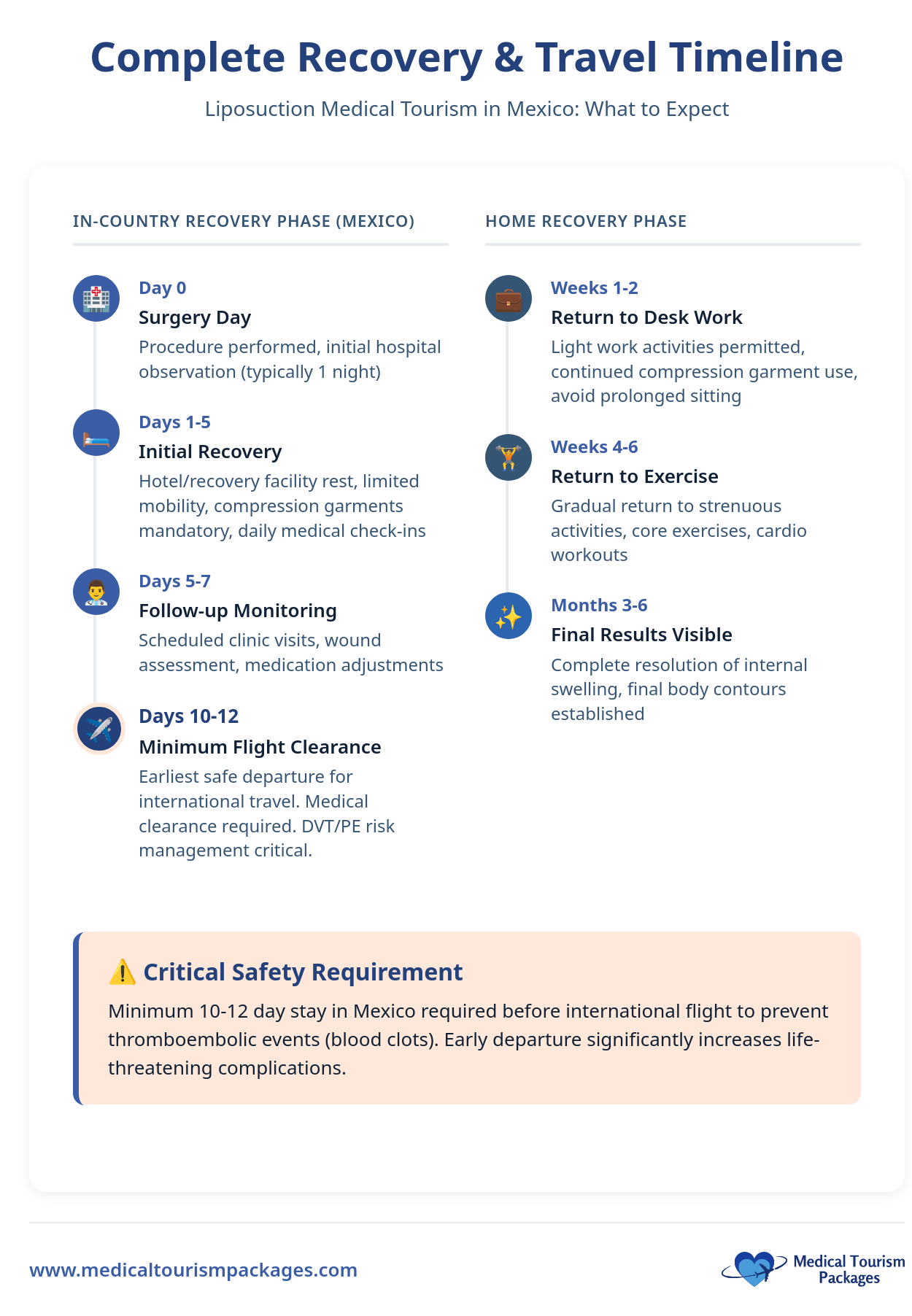 Infographic outlining the recovery timeline for Liposuction in Mexico medical tourism, including in-country and home phases, with a highlighted critical safety requirement and essential procedure information.