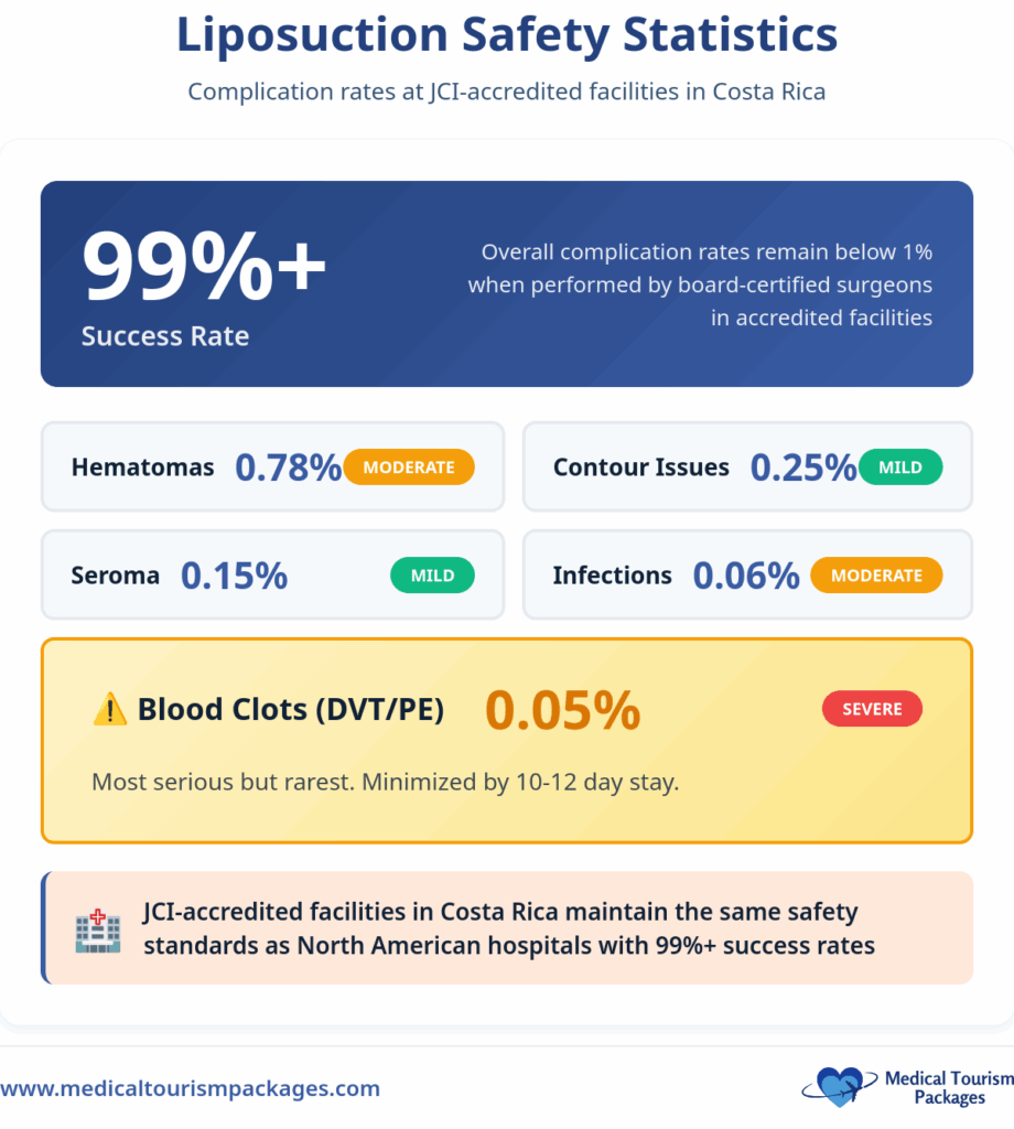 Infographic with procedure information for Liposuction Costa Rica: 99%+ success rate, low rates of hematomas, contour issues, seroma, infections, and rare blood clots. Includes a cost guide and safety statistics.