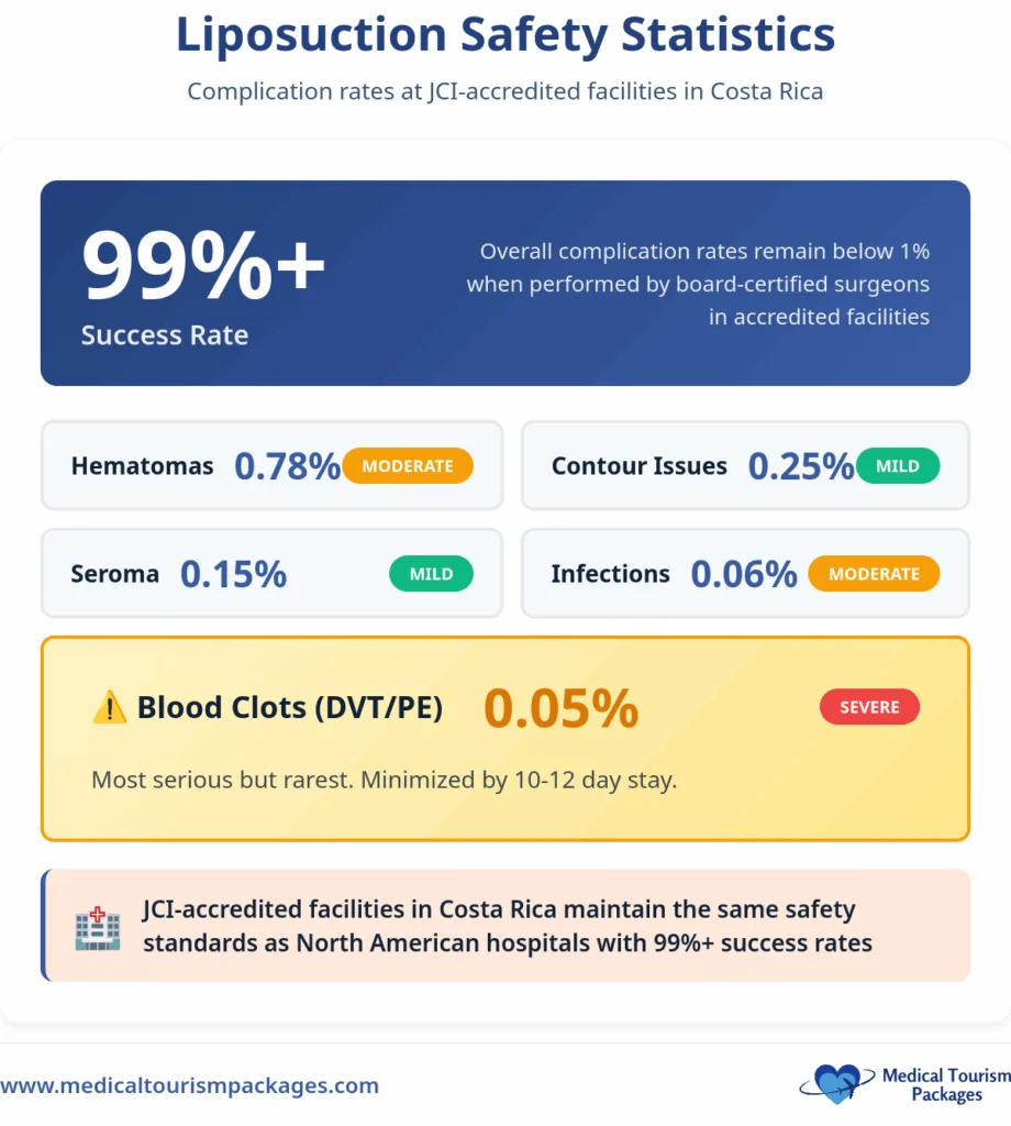 Infographic with procedure information for Liposuction Costa Rica: 99%+ success rate, low rates of hematomas, contour issues, seroma, infections, and rare blood clots. Includes a cost guide and safety statistics.