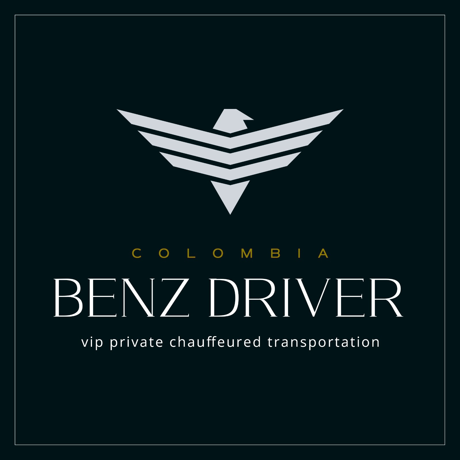 Logotipo con un águila estilizada sobre el texto "COLOMBIA BENZ DRIVER: transporte privado VIP con chofer" sobre un fondo oscuro, que destaca a los socios de confianza en el sector de los viajes de lujo.