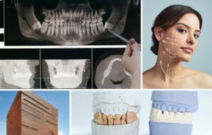 Un collage con radiografías dentales, una persona con líneas ilustrativas en el rostro, un edificio moderno de ladrillo y moldes dentales destaca a Cirugía Maxilofacial Colombia, ideal para quienes buscan atención especializada y las mejores clínicas como parte de su guía de turismo médico.