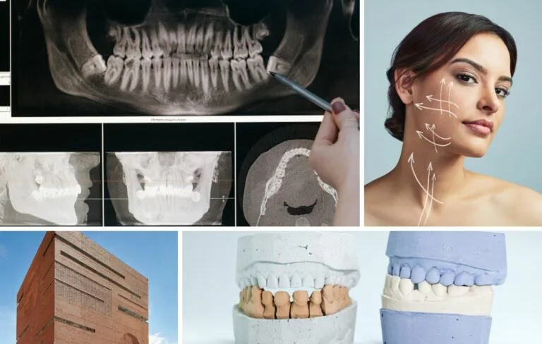 Un collage con radiografías dentales, una persona con líneas ilustrativas en el rostro, un edificio moderno de ladrillo y moldes dentales destaca a Cirugía Maxilofacial Colombia, ideal para quienes buscan atención especializada y las mejores clínicas como parte de su guía de turismo médico.