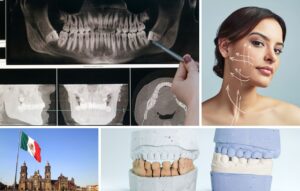 Collage of dental X-rays, a woman with surgery lines on her face, Mexico's flag in a plaza, and dental molds on a table highlights Maxillofacial Surgery Mexico and showcases skilled maxillofacial surgeons.