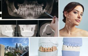 A collage featuring dental X-rays, a woman with facial diagram markings, a cityscape, and two plaster dental models highlights the expertise of top maxillofacial surgeons and showcases advanced maxillofacial surgery in Panama.