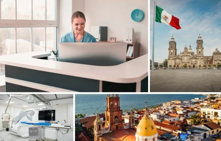 Un collage con una enfermera en un mostrador de recepción, la bandera mexicana, una habitación de hospital con equipo médico y vistas panorámicas de la arquitectura y la costa mexicanas destaca la Guía Médica de México y su atractivo para los turistas médicos estadounidenses.