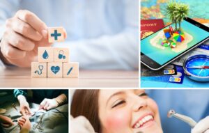 Collage showing healthcare symbols, travel items with a tablet, a surgical operation, and a woman receiving dental treatment.