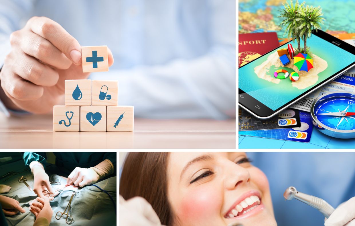 Collage showing healthcare symbols, travel items with a tablet, a surgical operation, and a woman receiving dental treatment.
