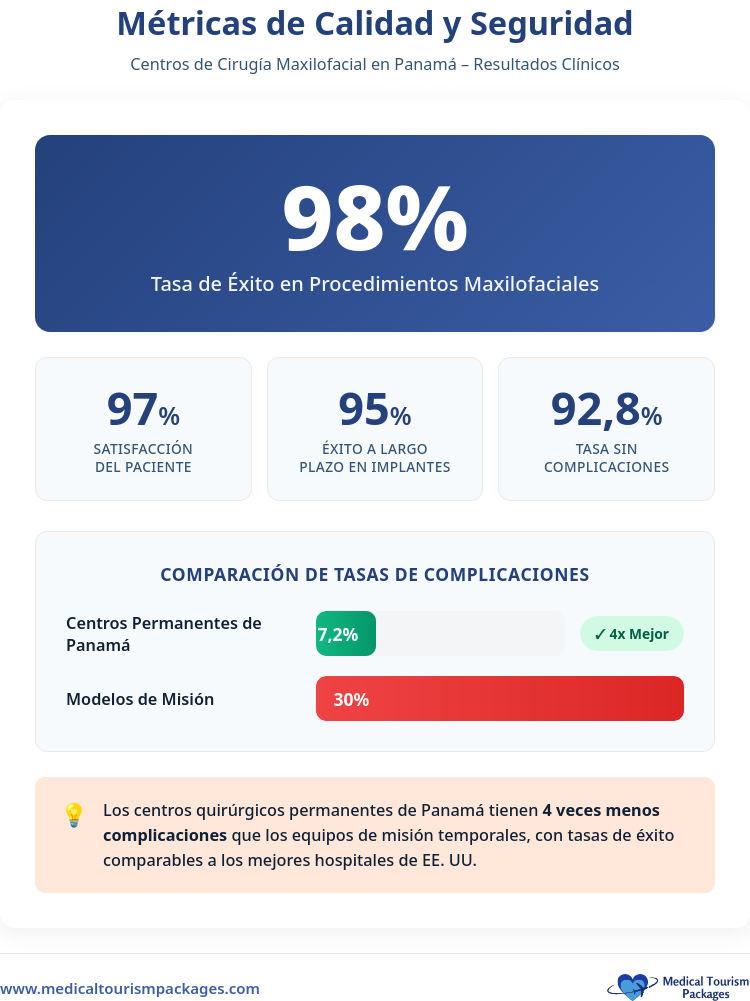 La infografía muestra una tasa de éxito del 98% en cirugía maxilofacial realizada por los mejores cirujanos de Panamá, con una tasa de ausencia de complicaciones del 92.8%, muy superior a la tasa de complicaciones del 30% observada en los modelos basados en misiones.