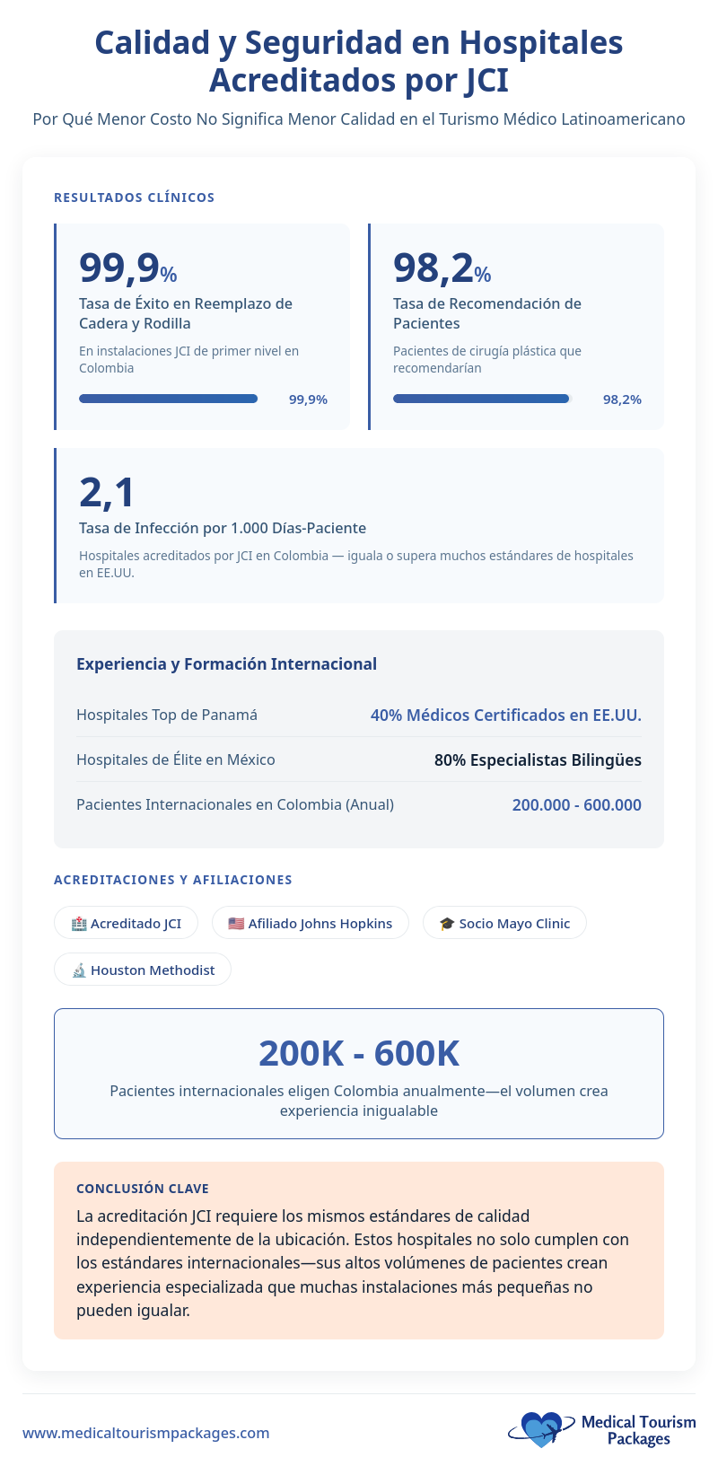 La infografía sobre los hospitales acreditados por la JCI en Colombia destaca la atención médica asequible en el extranjero, las altas tasas de éxito y derivación, la experiencia internacional, las acreditaciones y el volumen anual de pacientes, ideal para los residentes de Trinidad y Tobago que buscan turismo médico de calidad.