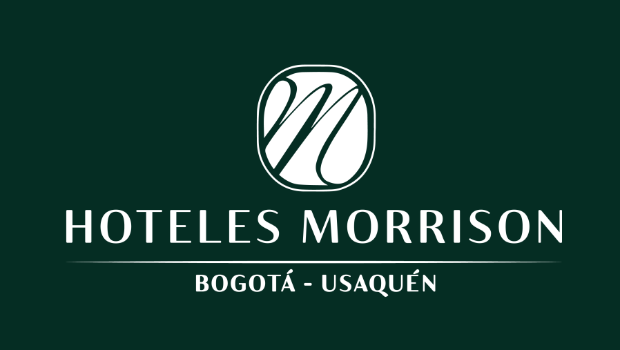 Logotipo blanco de "Hoteles Morrison" con una "M" estilizada sobre el texto "Bogotá - Usaquén" en un fondo verde oscuro, que destaca a los socios de confianza en el sector hotelero.