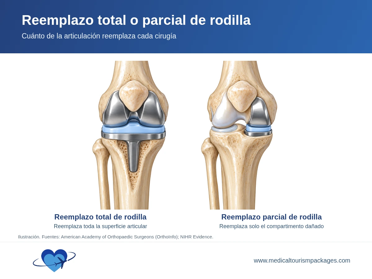 Diagrama que compara un reemplazo total de rodilla, que cubre toda la articulación, con un reemplazo parcial, que cubre solo el compartimento interno.