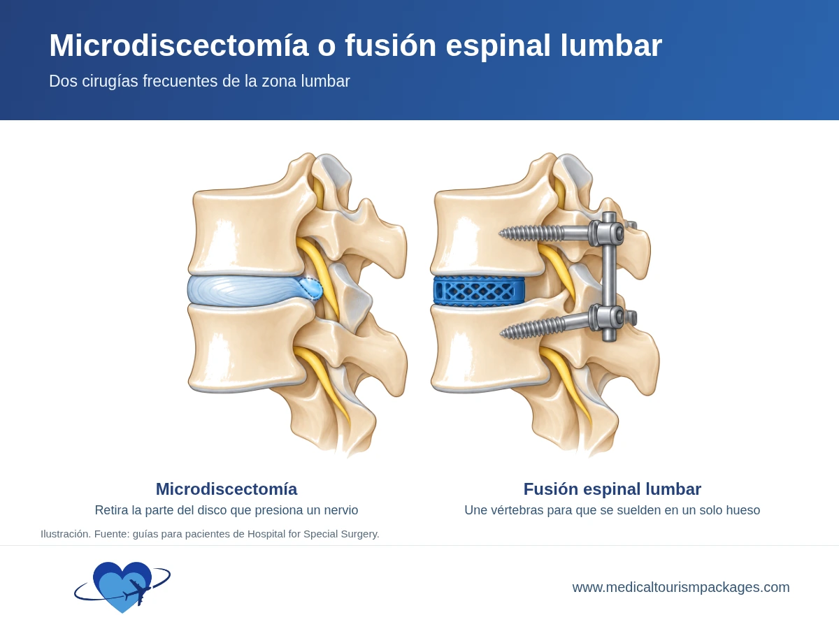 Diagrama que compara una microdiscectomía, que retira un fragmento de disco que presiona un nervio, con una fusión espinal lumbar que une dos vértebras con tornillos, barras y un espaciador.